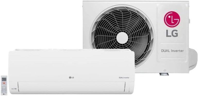 Ar condicionado split LG Dual Compact com unidade interna branca e unidade externa branca com ventilador.
