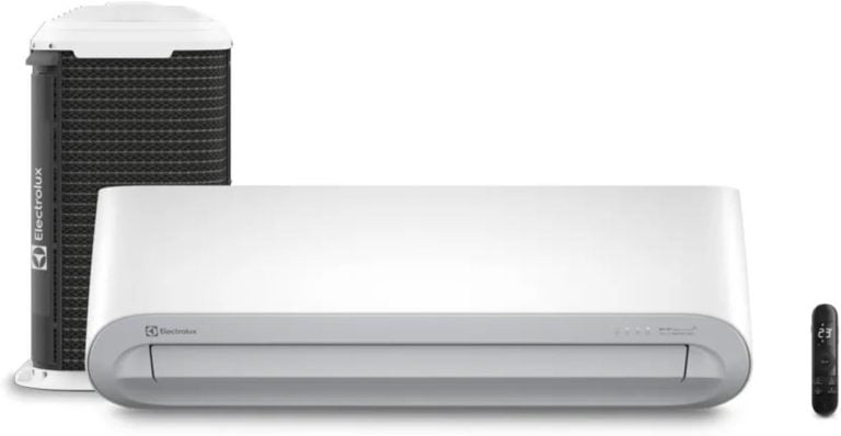 Ar-condicionado Electrolux Color Adapt 18.000 BTUs Frio, unidades interna branca e externa preta vista frontal e lateral.