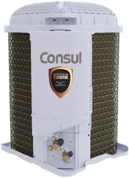 Unidade externa branca e marrom do ar condicionado split Consul com selo cobre energia