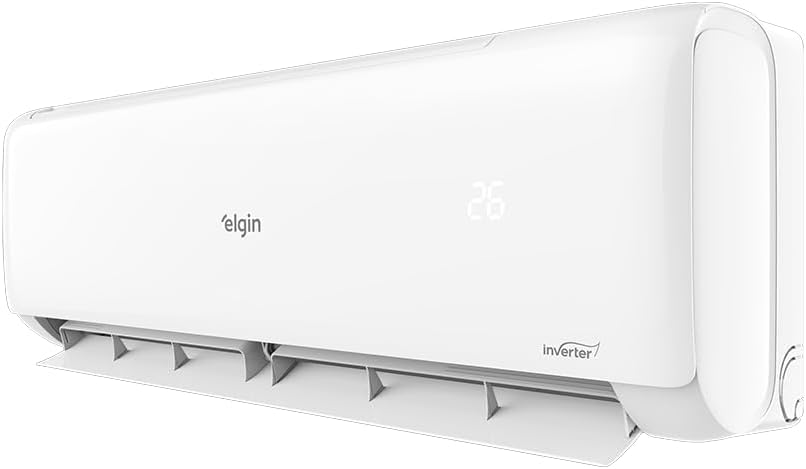 Unidade interna branca de ar condicionado Elgin Eco Inverter II com display digital de lado