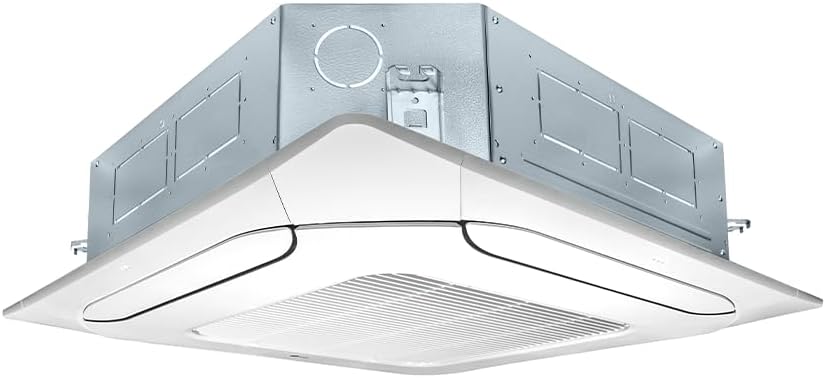 Unidade interna do ar condicionado Split Cassete LG vista lateral com grade quadrada branca
