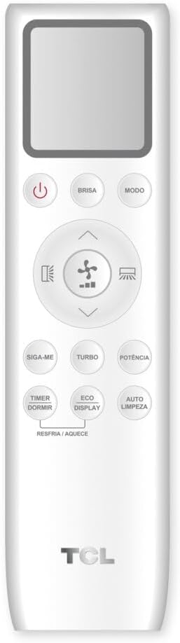 Controle remoto branco do ar-condicionado Split Inverter TCL 9000 Btus com display e múltiplos botões