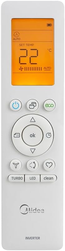 Controle remoto branco com display iluminado do ar condicionado Split Midea Inverter 12000 Btus