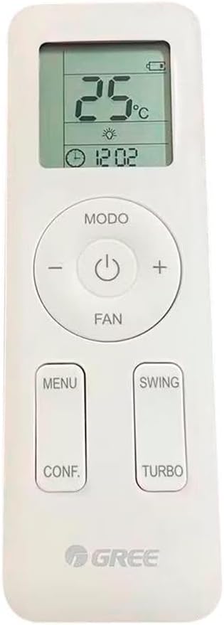 Controle remoto branco do ar condicionado Gree com display digital e múltiplos botões.