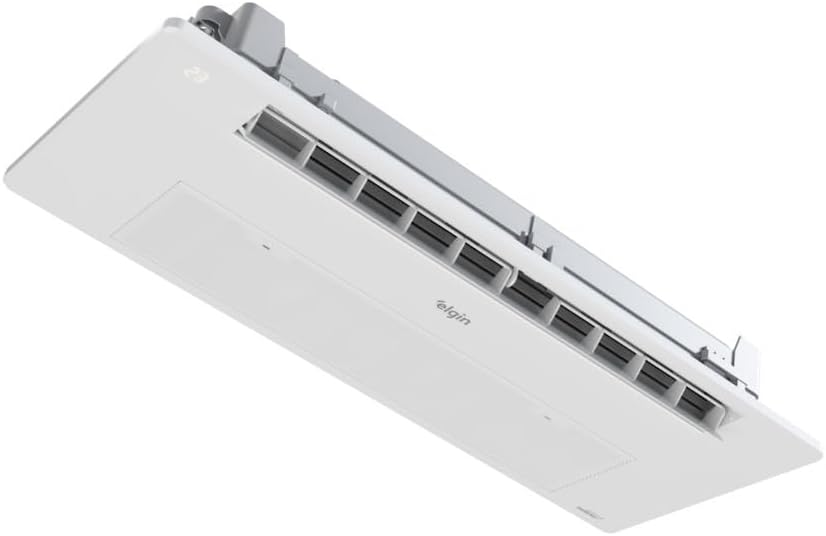 Unidade interna lateral do ar condicionado split cassete Elgin One Air 12000 BTU/h branco com saída de ar lateral.