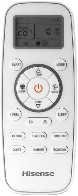 Controle remoto branco do ar condicionado Hisense com display LCD 28 graus e botão liga/desliga central.