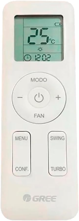 Controle remoto branco ar-condicionado Gree com display digital 25°C e botões para modos, menu, swing, turbo e liga/desliga.