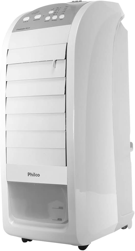 Climatizador de ar Philco 4 funções branco com persianas fechadas vista lateral