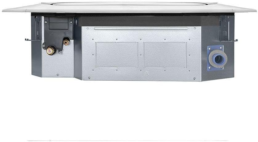 Vista lateral da unidade interna do ar condicionado LG Split Cassete Inverter mostrando conexões metálicas.