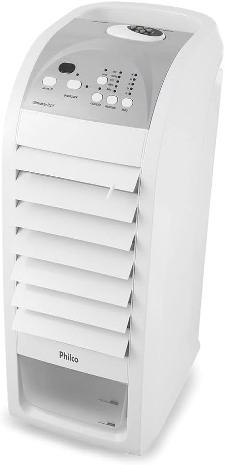 Climatizador de ar Philco 4 funções branco com painel cinza e persianas abertas vista lateral