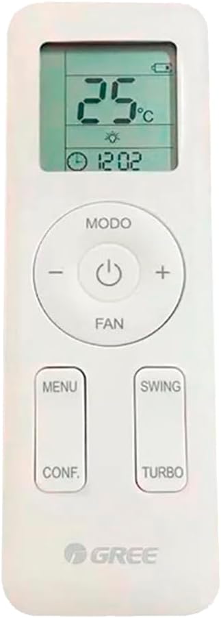 Controle remoto branco do Ar Condicionado Gree com tela LCD mostrando temperatura e vários botões