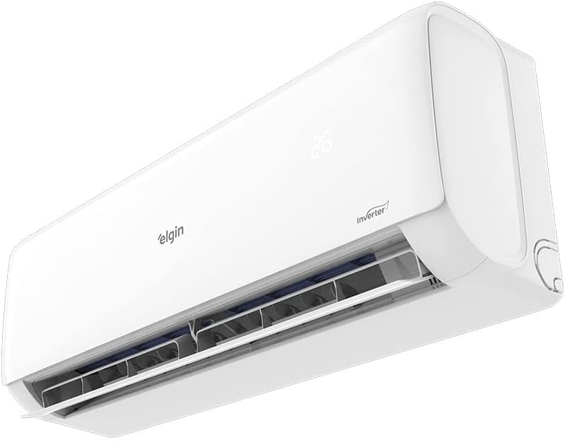 Unidade interna vista lateral esquerda com grelhas abertas do Ar Condicionado Split Elgin Eco Inverter II.