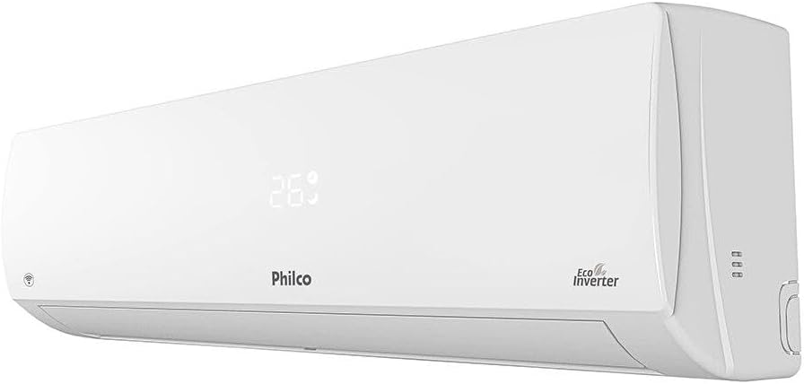 Unidade interna branca lateral esquerda do Ar-condicionado Split Inverter Philco 18000 Btus com display digital