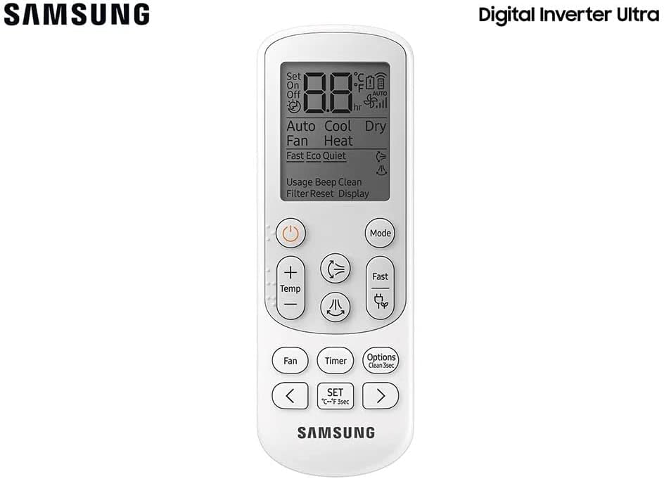 Controle remoto branco do ar condicionado Samsung com display digital e múltiplas funções