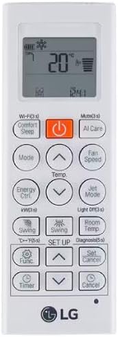 Controle remoto branco para ar-condicionado LG com display digital e botões multifuncionais.