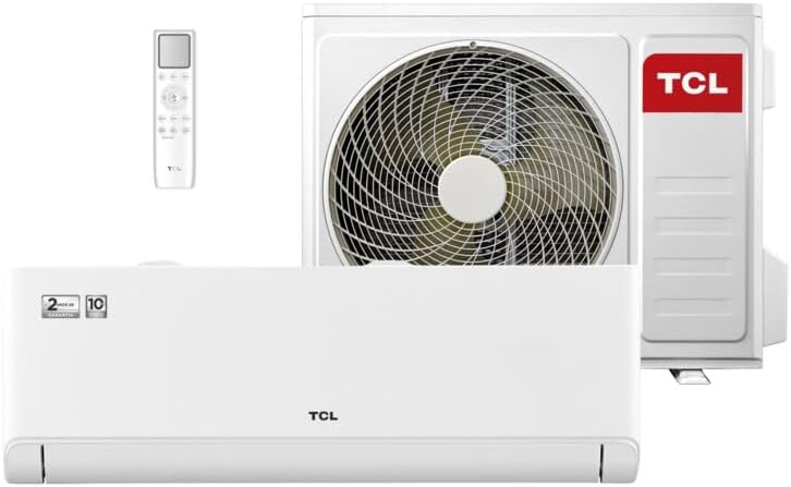 Conjunto completo do ar-condicionado Split Inverter TCL 9000 Btus mostrando unidade interna, externa e controle remoto