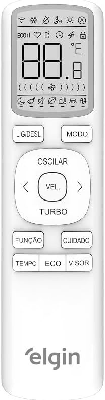 Controle remoto branco do ar condicionado Elgin com display digital e múltiplos botões de função.