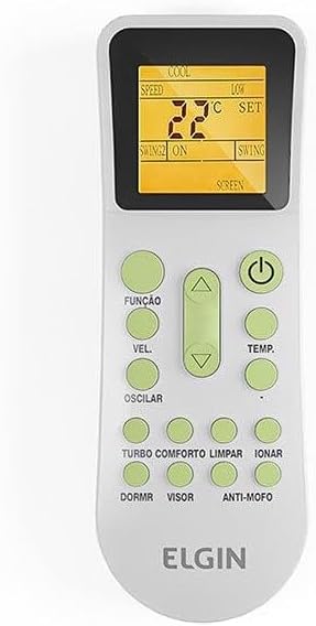 Controle remoto do Ar Condicionado Elgin Eco Inverter com visor digital e múltiplos botões funcionais