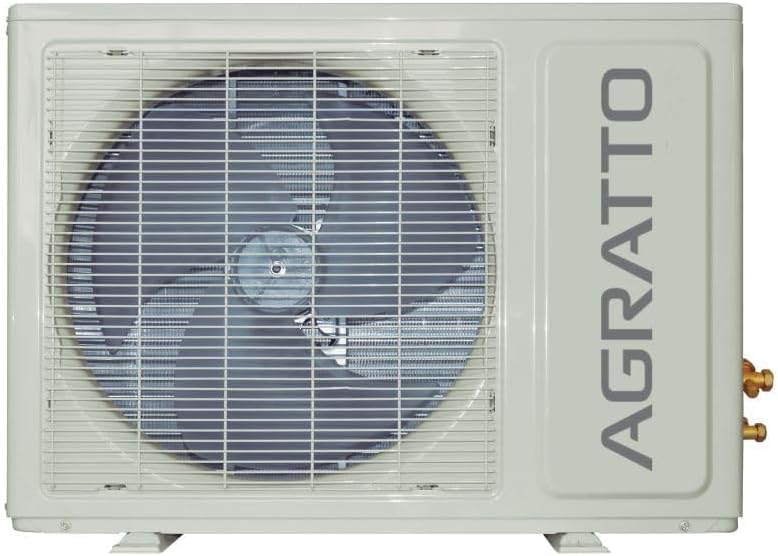Unidade externa cinza do ar condicionado split Agratto One 18000 BTUs com ventilador visível