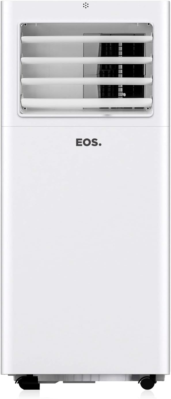 Ar-condicionado portátil branco EOS vista frontal com grelhas horizontais e logo EOS