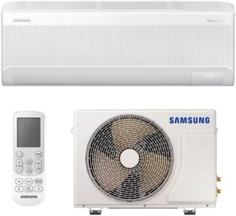 Ar Condicionado Split Inverter Samsung Windfree Connect 12000 Btus com unidade interna, externa e controle remoto branco.