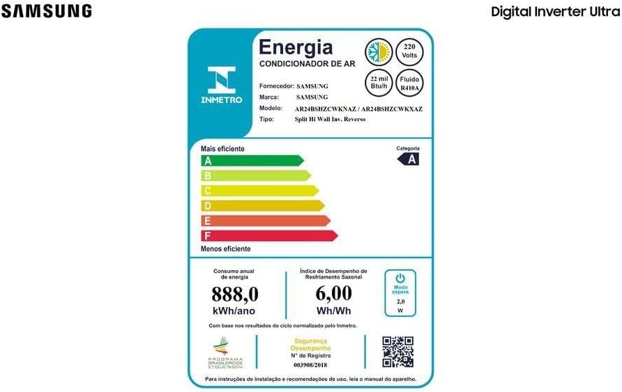 Etiqueta de eficiência energética do ar condicionado Samsung Ultra classificação A
