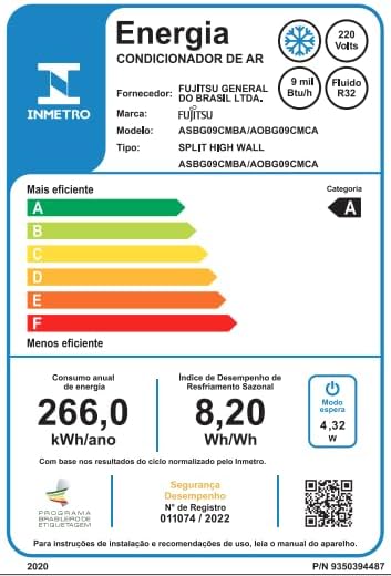 Etiqueta energética A do Ar Condicionado Split Hi Wall Fujitsu com consumo 266 kWh/ano e selo INMETRO