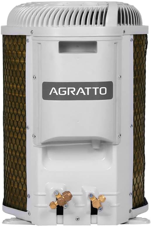 Unidade externa branca do ar-condicionado Agratto Fit Top 9.000 BTUs com grelha marrom escuro.