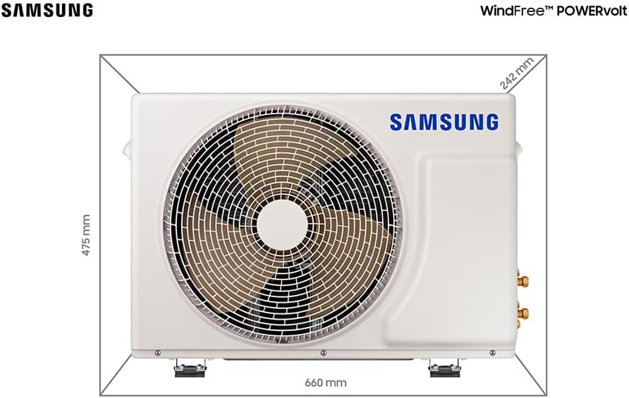 Dimensões da unidade externa do ar condicionado Samsung WindFree POWervolt 660x475x242 mm.