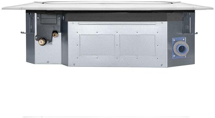 Unidade interna lateral do ar condicionado inverter LG cassete 24000 BTUs com conexões para instalação.