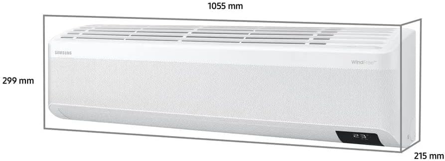 Unidade interna do ar-condicionado Samsung com dimensões 1055x299x215 mm, modelo WindFree Connect, fundo branco