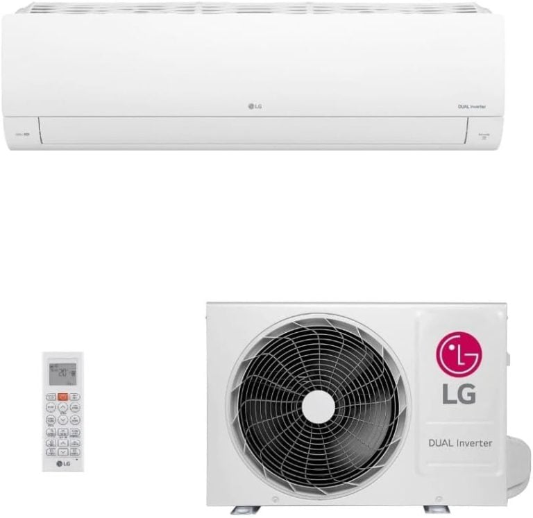 Ar-condicionado LG Dual Inverter Voice + IA 9000 Btus Branco com unidade interna, externa e controle remoto.