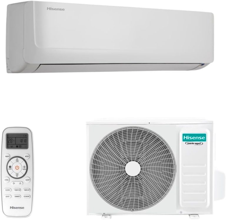Ar condicionado split Hisense Hi Wall Inverter 12.000 BTU/h, unidade interna branca, externa com ventilador, controle remoto.