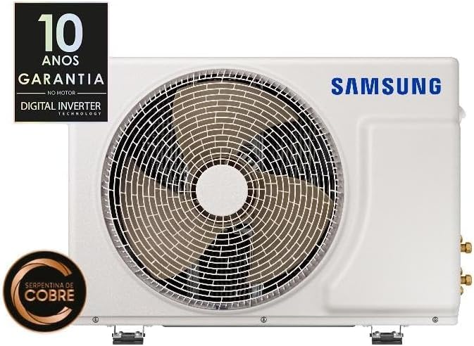 Unidade externa do ar-condicionado Samsung com garantia de 10 anos e serpentina de cobre.