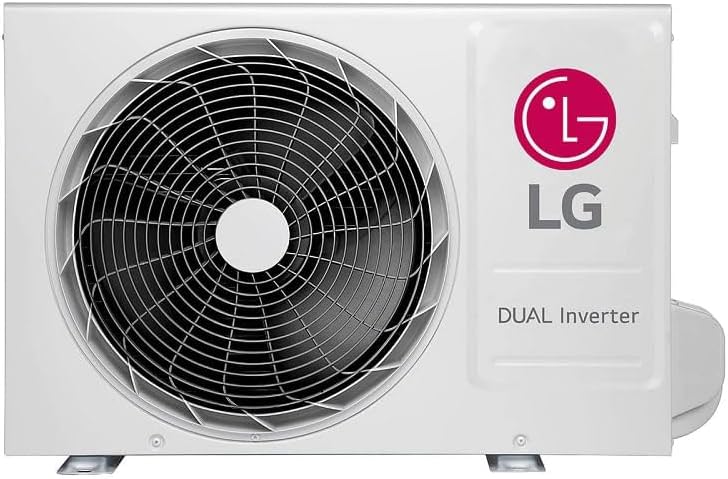 Unidade externa branca do ar condicionado LG Dual Inverter com ventilador visível.