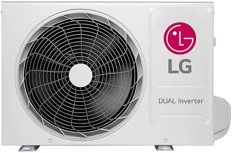 Unidade externa branca do ar condicionado LG Dual Inverter com ventilador e logo LG rosa.