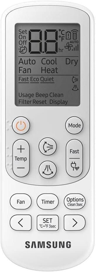 Controle remoto do ar condicionado Samsung com display digital e múltiplos botões de controle.