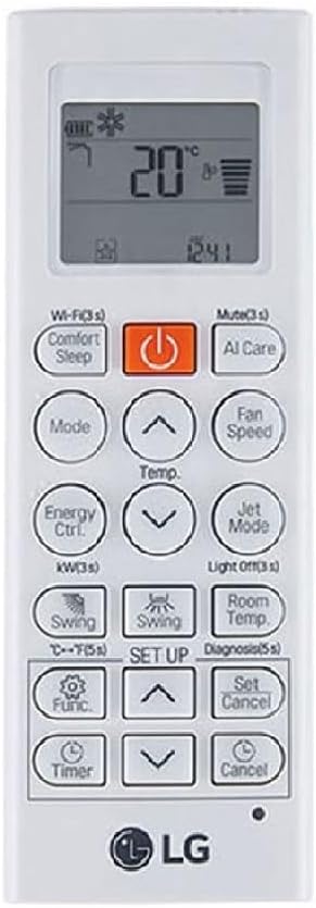 Controle remoto branco do ar condicionado LG com visor LCD e múltiplos botões funcionais.
