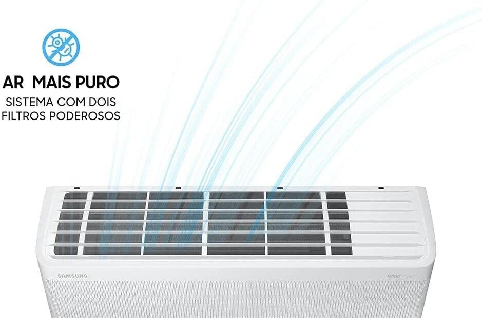 Unidade interna do ar-condicionado Samsung com sistema de dois filtros para purificação de ar.