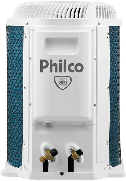 Unidade externa do ar condicionado Philco branca com logo e laterais azuis