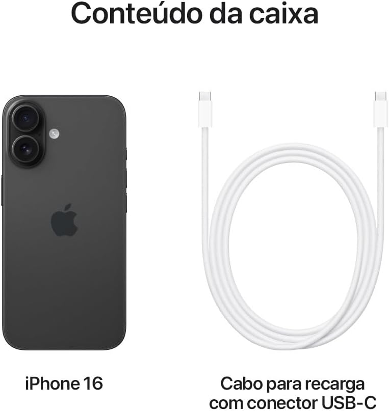 Conteúdo da caixa do Apple iPhone 16 Preto com cabo USB-C para recarga.
