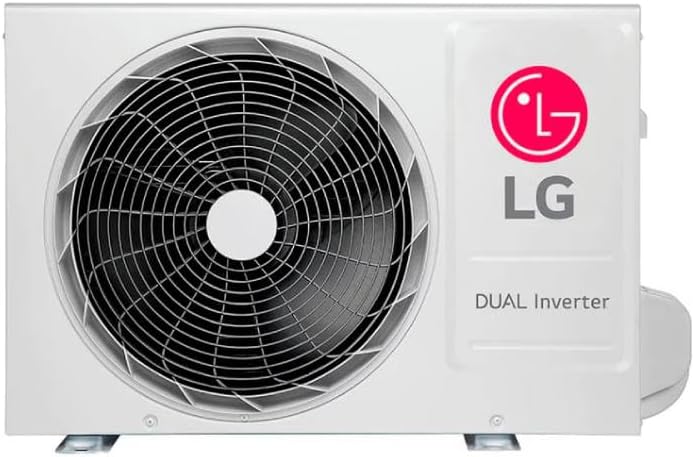 Unidade externa do ar-condicionado LG Dual Inverter branca com ventilador e logo LG rosa.