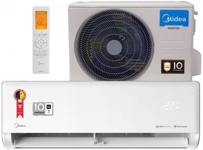 Ar-condicionado Split Inverter 9000 Btus Midea com unidade interna, externa e controle remoto.