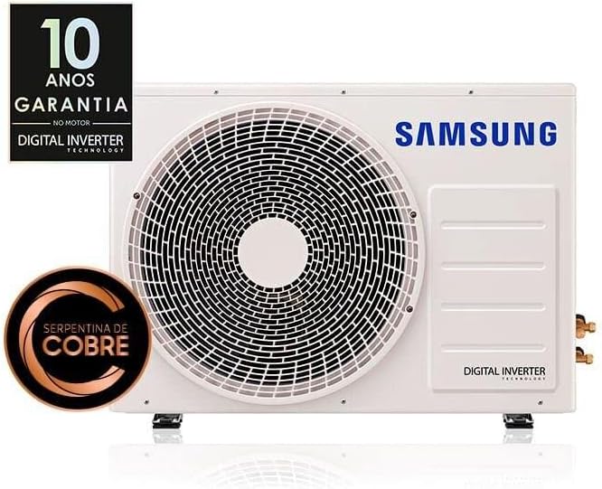 Unidade externa do ar-condicionado Samsung com garantia de 10 anos no motor digital inverter e serpentina de cobre.