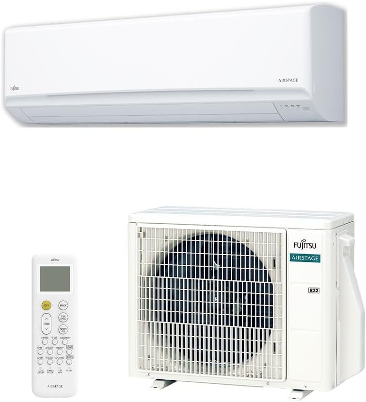 Ar-condicionado Split Fujitsu Hi Wall Inverter Airstage Premium 12.000 Btus com unidade interna, externa e controle remoto branco.