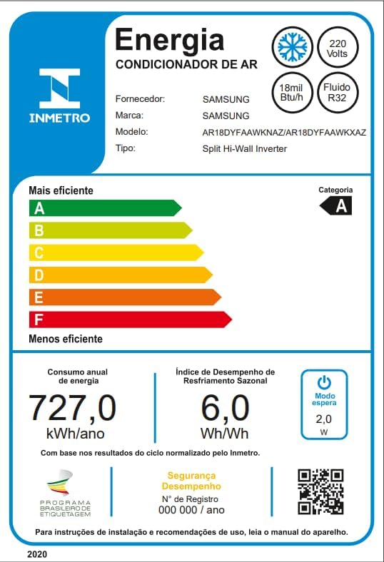Etiqueta do Inmetro mostrando eficiência energética categoria A do ar condicionado Samsung 18000 Btus 220v, modelo AR18DYFAAWKNAZ.