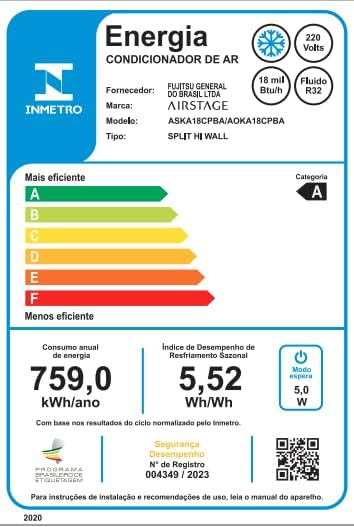 Selo de eficiência energética Inmetro para ar condicionado Fujitsu Airstage modelo ASKA18CPBA, categoria A, consumo 759 kWh/ano.