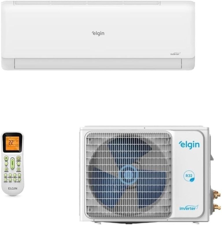 Ar condicionado split Elgin Eco Inverter II 18000 BTU/h com unidade interna, externa e controle remoto branco.