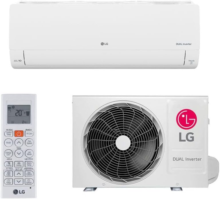 Conjunto do ar condicionado LG Dual Inverter Voice 12.000 Btus com unidade interna, externa e controle remoto.