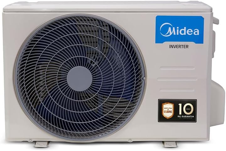 Unidade externa cinza do ar condicionado Split Hi Wall Inverter Midea com ventilador e selo de garantia 10 anos.